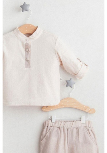 Erkek Bebek Hakim Yaka Gömlek Pantalon Takım Açık Kahverengi