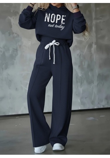 Tua Moda Kadın Uzun Kollu Nope Baskılı Beli Ribanalı Ikili Takım Lacivert