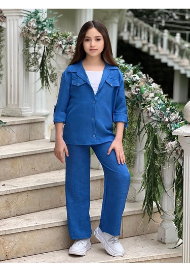 Modavals Kol Katlamalı Keten Gömlek Cepli Keten Alt & Suprem Askılı Badi 3lü Kız Çocuk Takım Saks