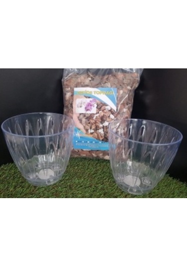 2 Adet 1,5 lt Orkide Saksısı ve 3 lt Orkide Toprağı Tabaklı