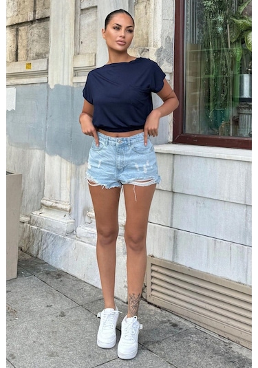 Kadın Lacivert Yarım Kol, Geniş Yaka, Tek Cepli, Beli Lastikli Rahat Crop Bluz Lacivert