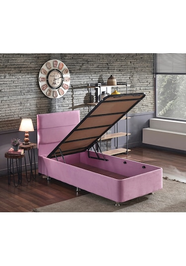 Nironyatak Pinky Baza Ve Başlık - 100 x 200 CM Cm Tek Kişilik Sandıklı Pembe Kuma