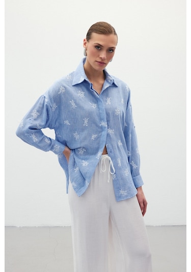 Sateen Salaş Nakışlı Gömlek - Bebe Mavi-136252 Bebe Mavi