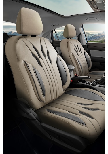 Bej - Siyah Butti Talos Serisi Premium Oto Koltuk Kılıfı Ortopedik Destekli, Ön Arka Tam Set, Aırbag Uyumlu