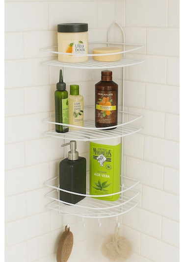 Paslanmaz Beyaz Yapışkanlı Banyo Köşeliği Düzenleyici, Şampuanlık, Duş Rafı 3 Katlı - 4 Kancalı - Ek-03 Beyaz