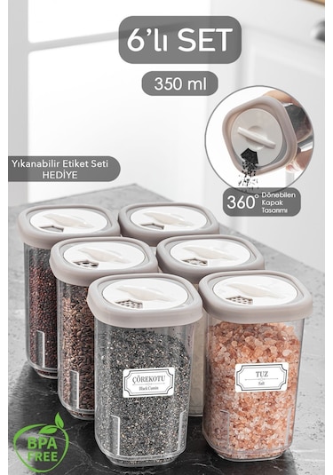 6'lı Etiketli Ve Kilitlenebilir Hava Almaz Kapaklı Baharatlık Seti - Baharatlık Bej