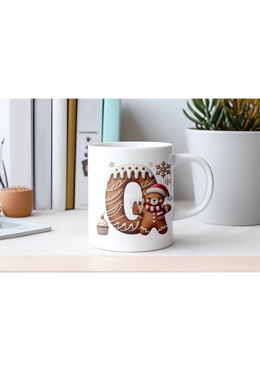 O Kurabiye Harf Ve Ayıcık Detaylı Kupa Bardak - Yeni Yıl / Yılbaşı Temalı Tasarım - Noel Hediye Beyaz