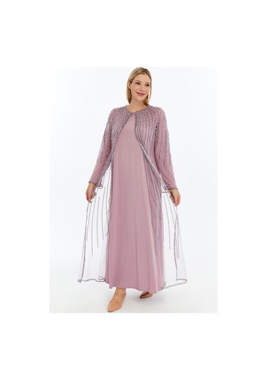 Modabanuda Betül 2'li Takım Taşlı Abaya Lila
