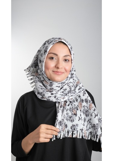 Krem-Siyah Pratik Hazır Geçmeli Tesettür Eşarp Kesik Elyaf Pilise Çok Renkli