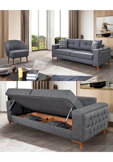 Nola Koltuk Takımı 3 3 1 & Bazalı Yataklı Koltuk & Kanepe - Antrasit Keten Kumaş 3+3+1