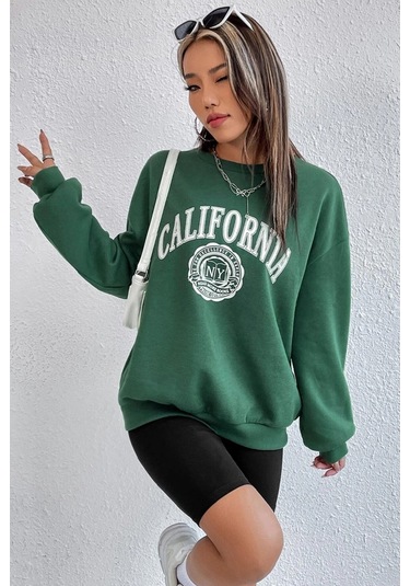Modagen Unisex Yeşil California Baskılı Bisiklet Yaka Oversize Sweatshirt Yeşilsw