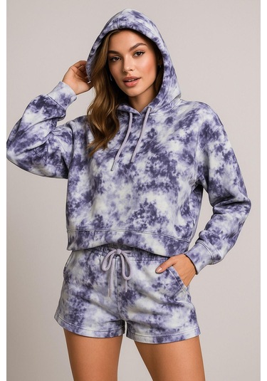 Kadın Lila Kapüşonlu Sweatshirt-şortlu Alt Üst Takım Oversize Batik Desen İkili Takım Çok Renkli