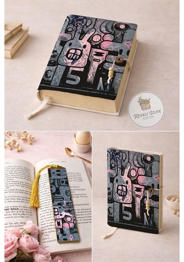 Kitap Kılıfı Ve Metal Kitap Ayracı Seti Black Cartoon