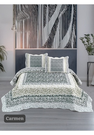 Örtüm Çift Kişilik Kapitone Yatak Örtüsü Beyaz - Yeşil