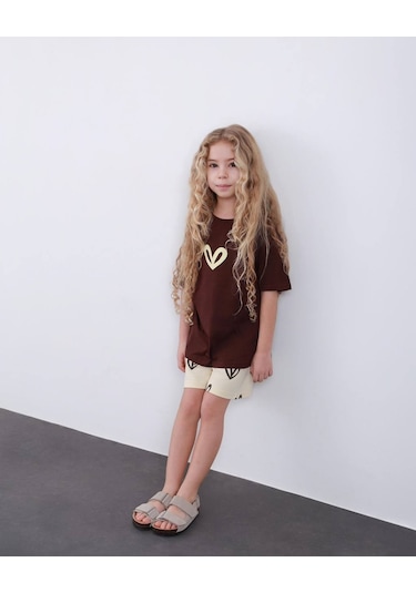 Miniko Kids Kız Çocuk Kalp Modelli Pamul Şortlu Takım Kahverengi