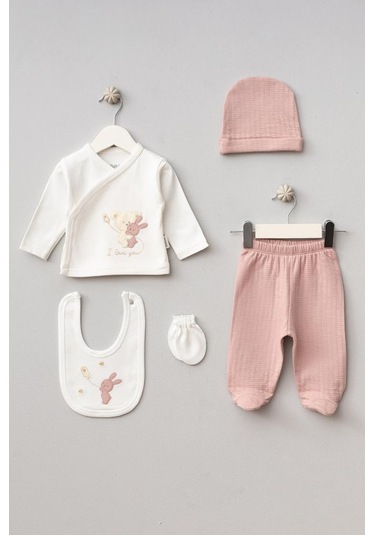 Bebitof %100 Pamuk Sarılan Ayıcık Tavşan Desenli 5 Parça Yenidoğan Hastane Çıkışı Zıbın Seti Bbtf.ksmn.20123.48 Somon