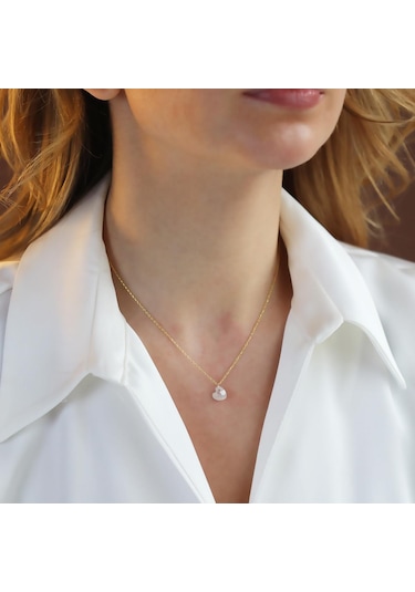 Mini Kalpli Kuvars Taşlı Gold Kaplama Gümüş Kolye Gümüş