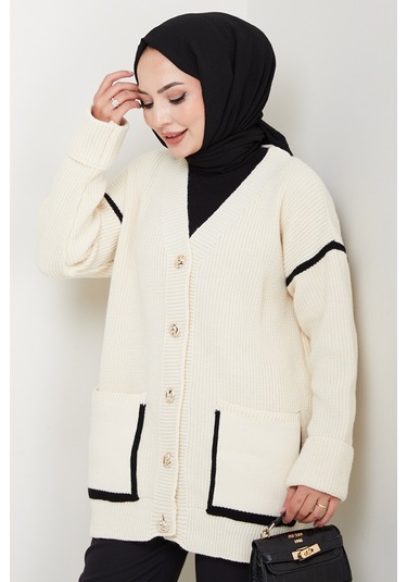 İlge Düğmeli Triko Hırka 1597 - Ekru Ekru