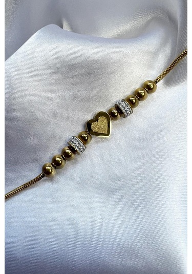 Altın Renk Kaplama Zirkon Taşlı Halka Ve Sim Detay Kalpli Kadın Çelik Bileklik - Altın
