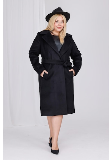 Kadın Siyah Yün Kaşe Kemer Ve Astar Detay Büyük Beden Kaban Siyah