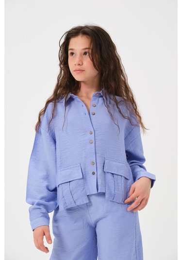 Genç Kız Çocuk Cepli Uzun Kollu Gömlek Mavi