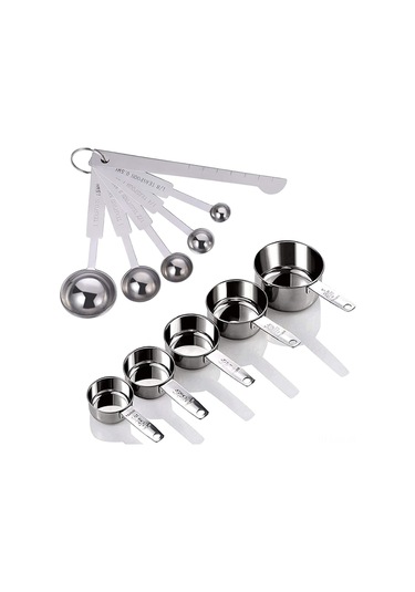 Kangvka Stainless Steel Ölçü Seti: 5 Kadeh 30-250ml + 5 Kaşık 0.5-15ml + Düzeltici Aracı, Gümüş Renk, 11 Parça Gümüş