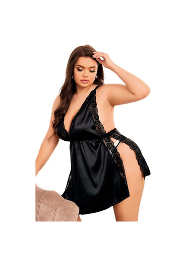 Yanları Açık Fantezi Saten Gecelik Siyah