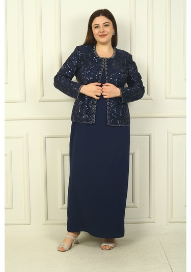 Kadın Pul İşlemeli Boncuk Detaylı Tül Ceket Yarım Ay Kollu Uzun Elbise Astarlı Krep Büyük Beden 2'li Takım Lacivert