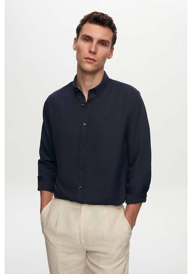 Ds Damat Slim Fit Lacivert Oxford Düğmeli Yaka Kolay Ütülenebilir Nakış Detaylı Pamuklu Gömlek 4HC02ORT03265 Lacivert
