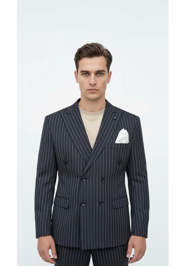 Plus Scorpion Siyah Çizgili Erkek Kruvaze Blazer Ceket İtalyan Kesim, Şık Ve Modern Siyah