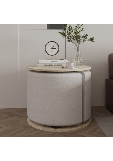 Vexana Puflu Yan Sehpa Saklanabilir Puflu Servis Sehpası Traverten Desen