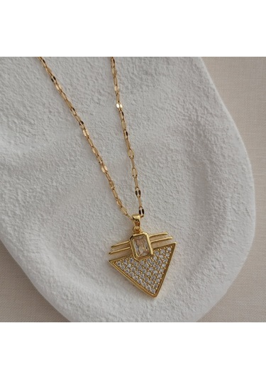 Lente Aksesuar Kadın Gold Çelik Zirkon Taşlı Geometrik Üçgen Tasarım Kolye Gold