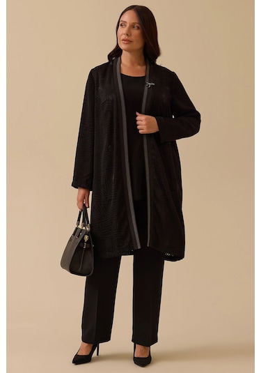 Galaxi Kadın Büyük Beden Desenli Hırkalı Takım 4001 Siyah Siyah