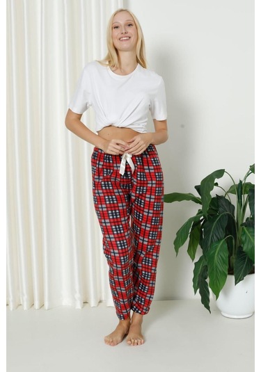 Luxury Soft Welsoft Polar Desenli Kurdeleli Kışlık Pijama Altı Pantolon Siyah Kırmızı Ekose Siyah - Kırmızı