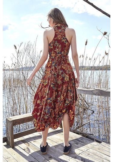 Çiçekli Gömlek Yaka Viskon Elbise