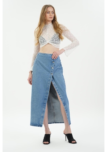 Açık Mavi Yüksek Bel Düğmeli Maxi Jean Etek C 4532-036 Açık Mavi