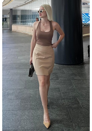 Madmext Bej Yüksek Bel Önden Yırtmaçlı Kısa Etek Mg2086 Bej