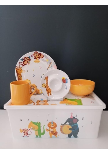 Keramika Neşeli Hayvanlar 4 Parça Mama Takımı Saklama Kutusu Hediyeli Çok Renkli