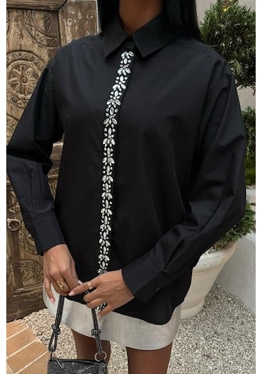 Önü Şerit Taşlı Gömlek 3448 Si Yah