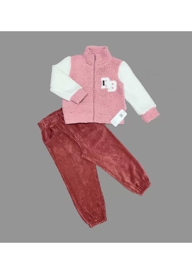 1-2-3 Yaş Kuzu Kumaş Fermuarlı Sweat Kadife Pantolonlu Uzun Kollu Kız Erkek Çocuk 2li Takım Gül Kurusu
