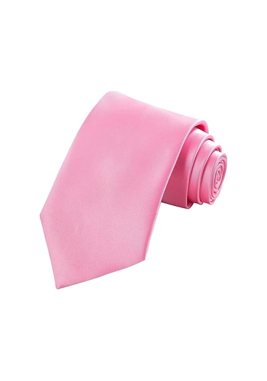 Tezzgelsin Erkek Saten Kravat Mendil ve Gold Çelik Kravat İğne Canlı Pembe