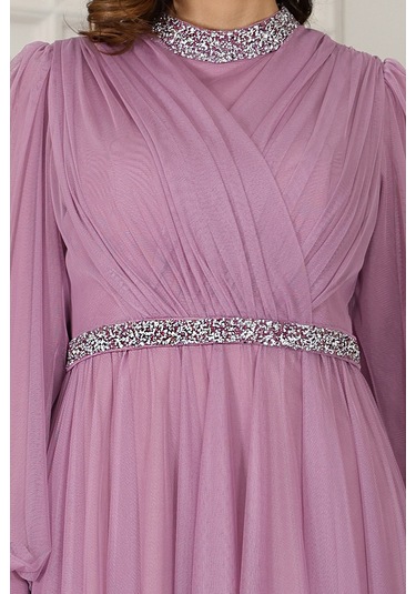 Senna Taş Detaylı Büyük Beden Şık Tesettür Abiye Lavanta