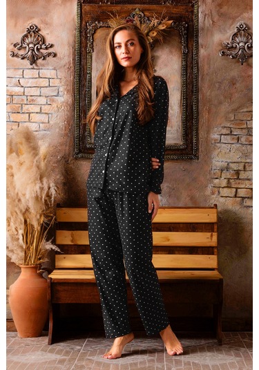 Nisanca Kışlık Düğmeli Ekose Desen Yılbaşı Temalı Kadın Süet Pijama Takımı Siyah
