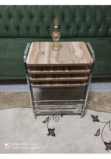 Zigon Sehpa Tepsi Zigon Model Nikelaj Kaplama Metal Ayaklı Ahşap