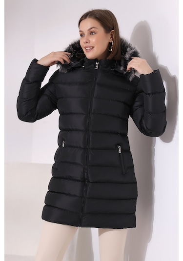 Tals Moda Siyah Renk Kapişonlu Peluşlu Kadın Montu Siyah