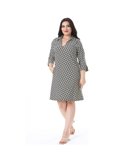 Kadın Büyük Beden Siyah V Yakalı Yan Cepli Likralı Viskon Elbise 65n38205 - Siyah