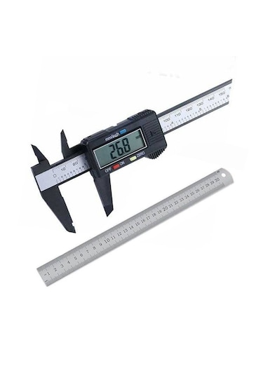 Dijital Karbon Fiber Kumpas 150mm Pil Dahil + 30cm Çelik Cetvel