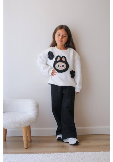 Kız Çocuk 3 İplik Şardonlu Peluş Baskı Detaylı Sweatshirt - Eşofman Alt Üst Takım Siyah Beyaz
