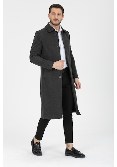 Erkek Antrasit Dar Kesim Uzun Kaşe Gömlek Yaka Palto & Kaban Antrasit