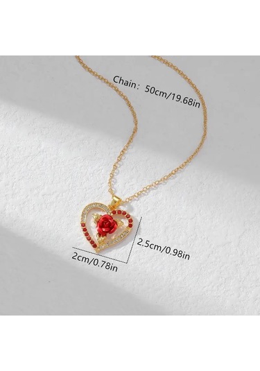 Elegance 3 Parça Altın Kalp & Gül Kolye Ve Küpe Seti Altın Kaplam Altın - Kırmızı